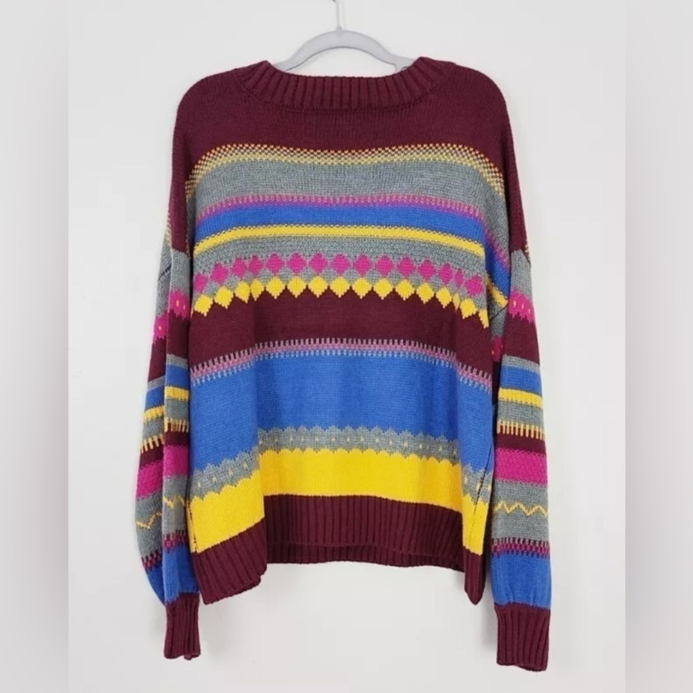 Lane Bryant Plus Crew Neck Fair Isle Sweater Stripe Yellow Red Blue 14/16 1X - Picture 5 of 9